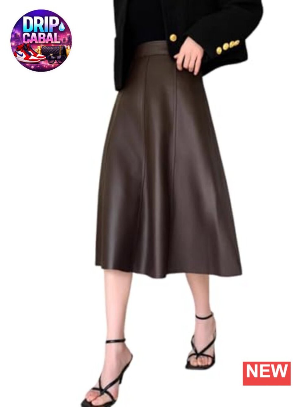 Women's Faux Leather A-Line Midi Skirt High Waisted Back Zipper Pleated Ruffle